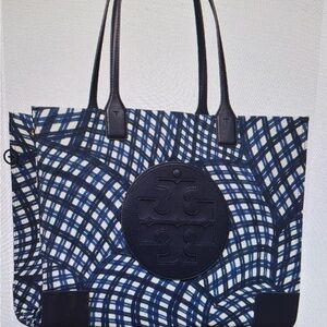 Tory Burch Navy and White Patterned Tote
